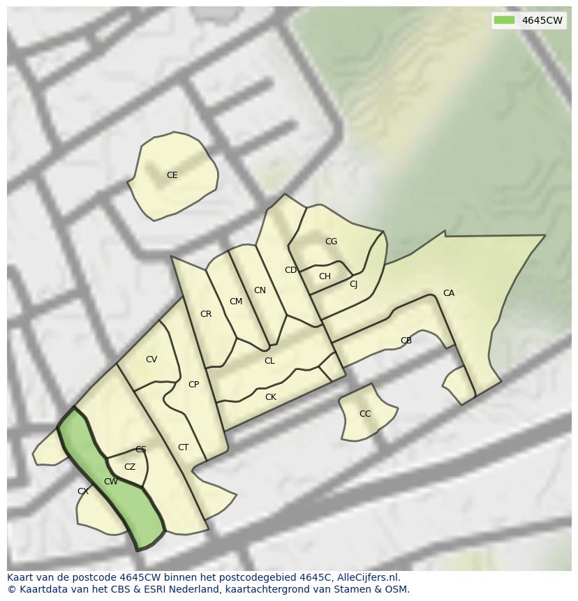 Afbeelding van het postcodegebied 4645 CW op de kaart.