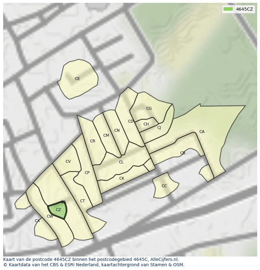 Afbeelding van het postcodegebied 4645 CZ op de kaart.