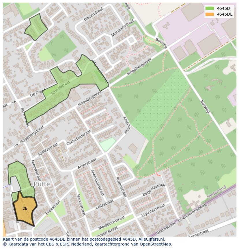 Afbeelding van het postcodegebied 4645 DE op de kaart.