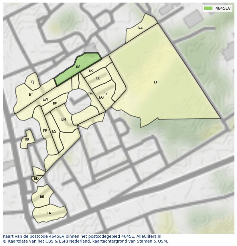 Afbeelding van het postcodegebied 4645 EV op de kaart.