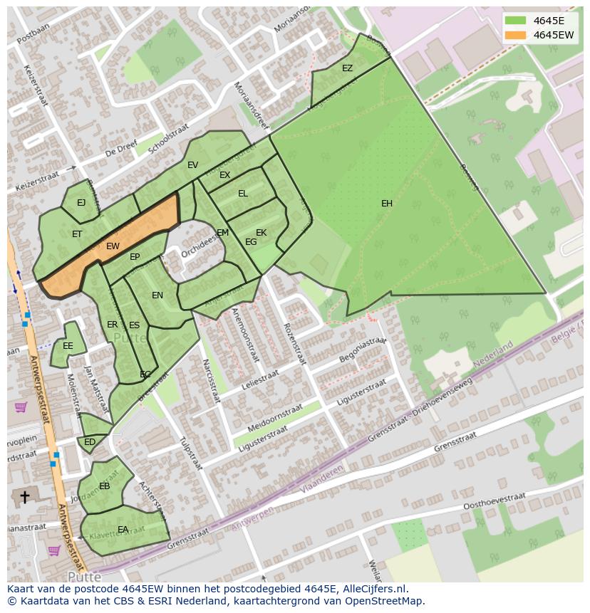 Afbeelding van het postcodegebied 4645 EW op de kaart.