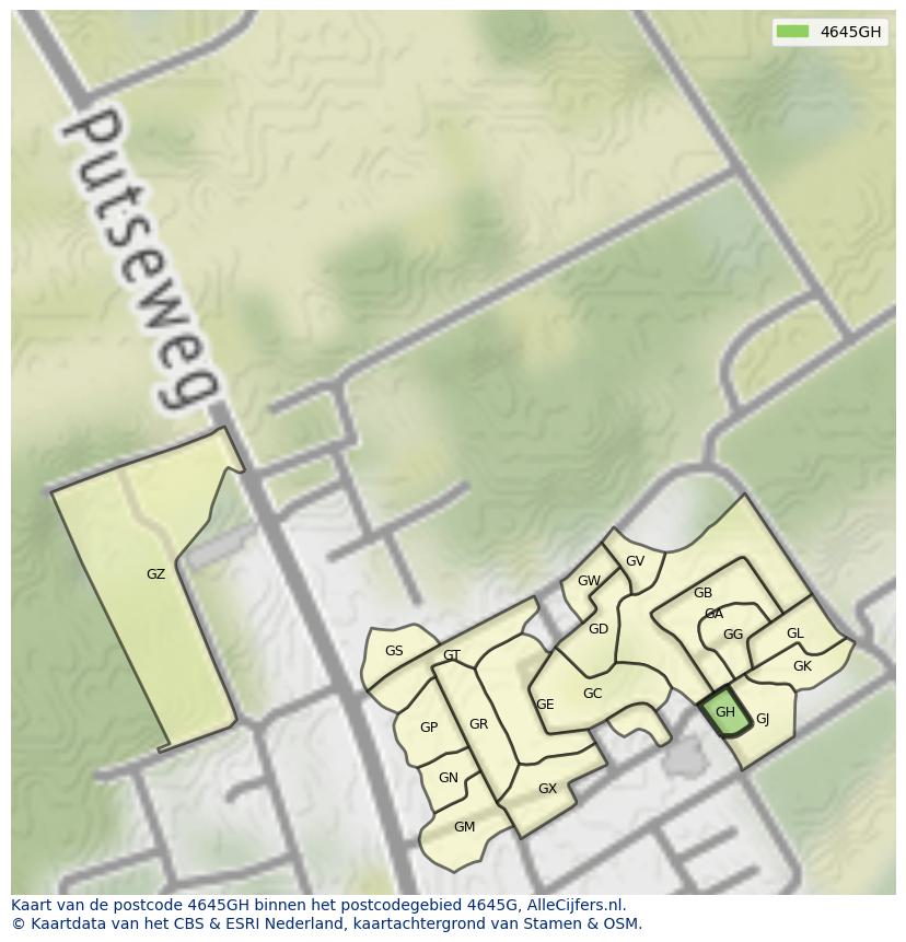 Afbeelding van het postcodegebied 4645 GH op de kaart.