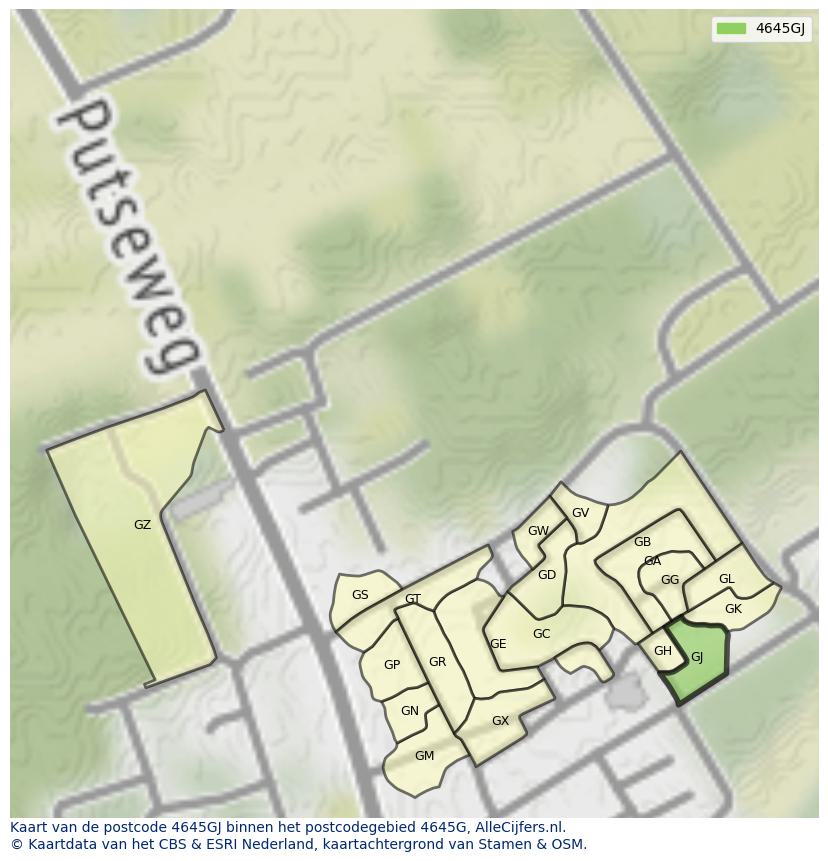 Afbeelding van het postcodegebied 4645 GJ op de kaart.
