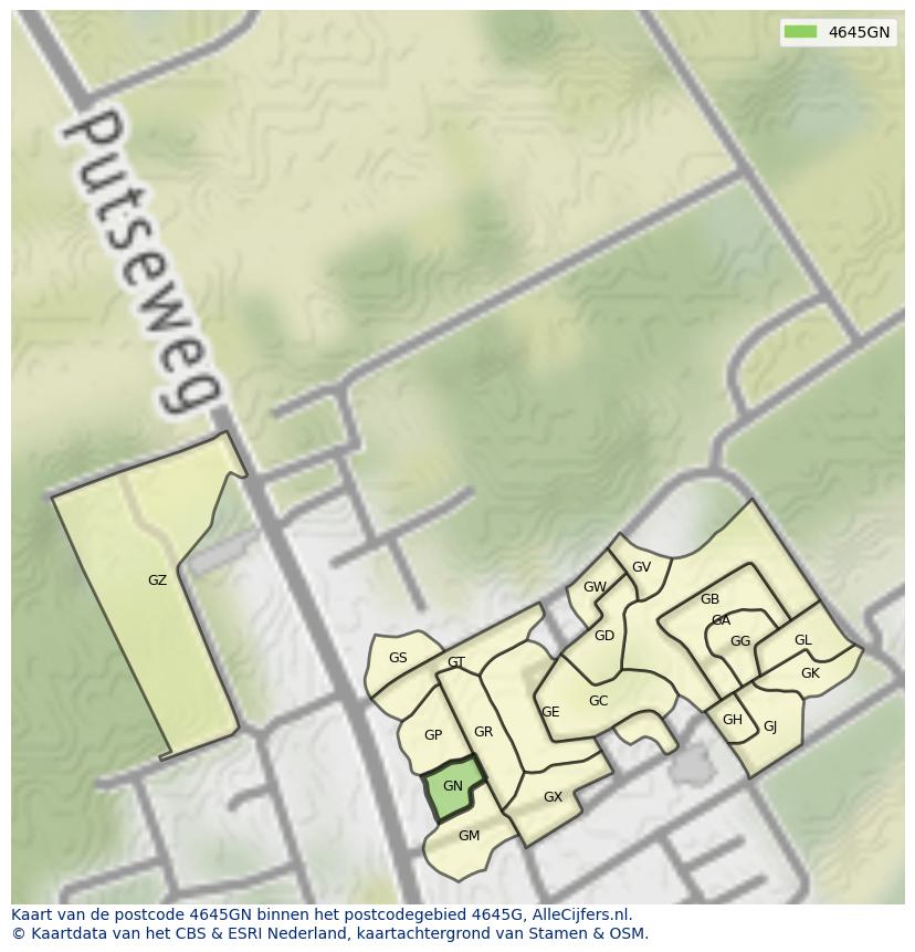 Afbeelding van het postcodegebied 4645 GN op de kaart.