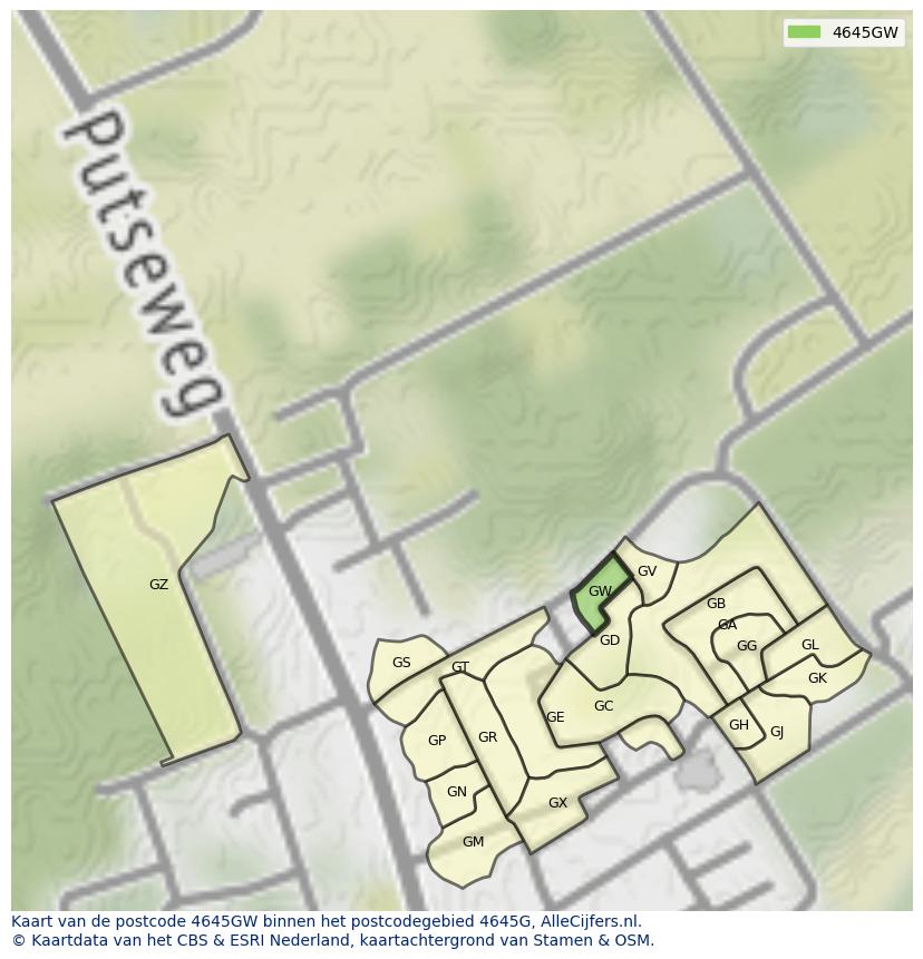 Afbeelding van het postcodegebied 4645 GW op de kaart.