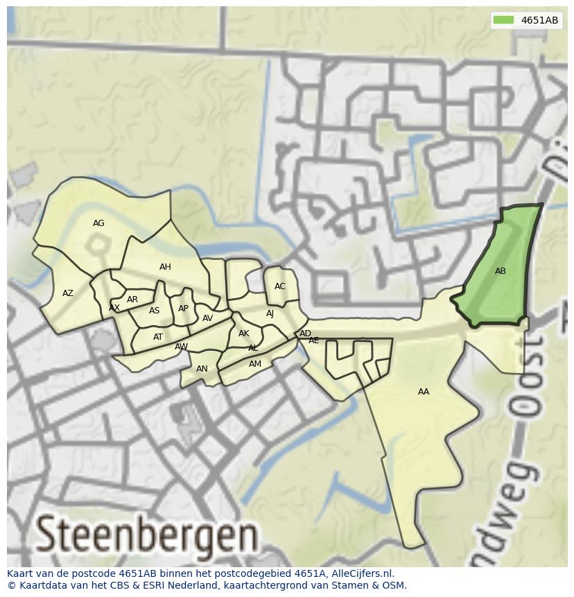 Afbeelding van het postcodegebied 4651 AB op de kaart.