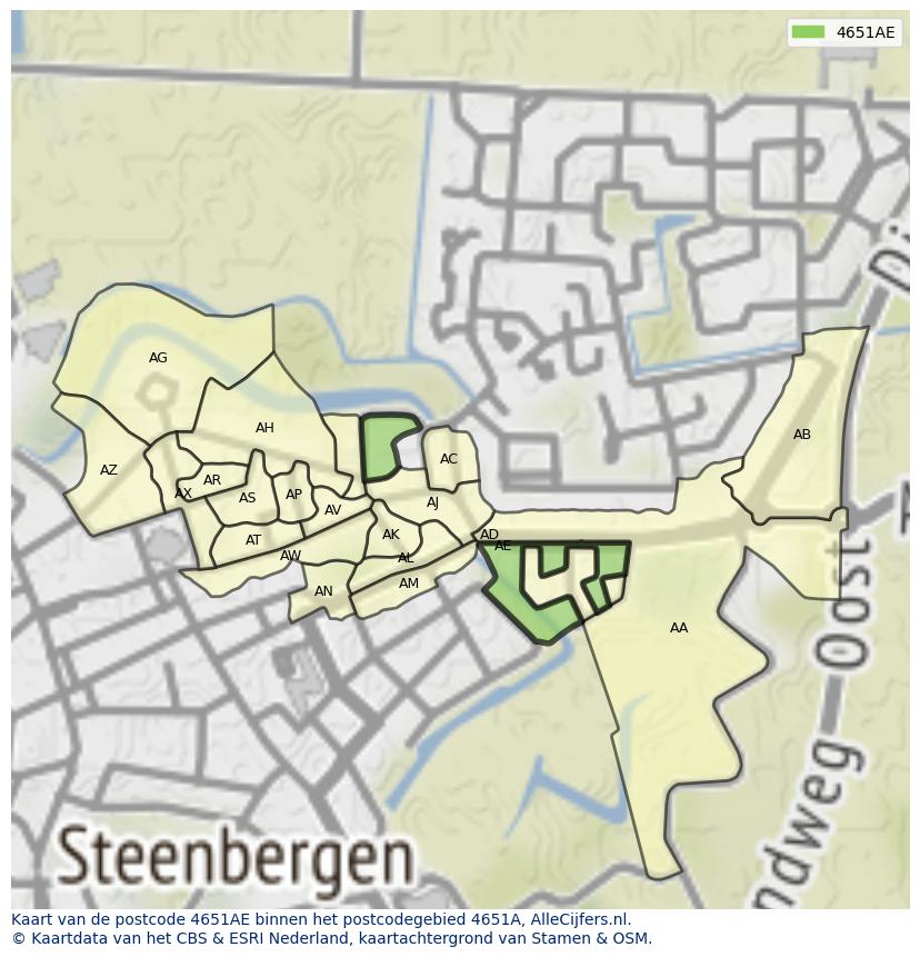Afbeelding van het postcodegebied 4651 AE op de kaart.