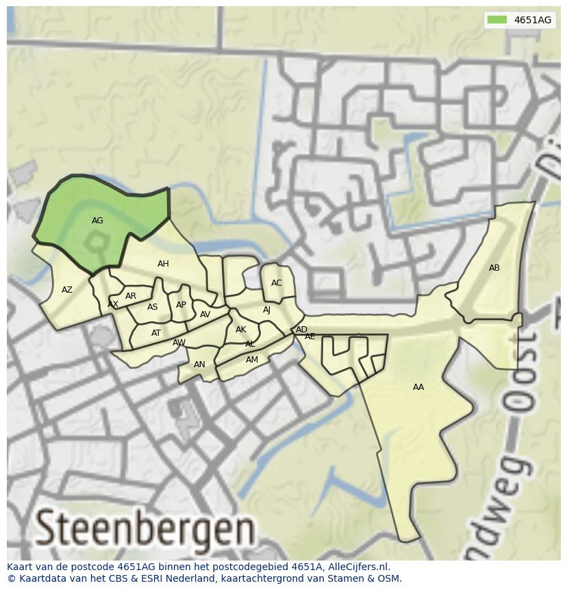 Afbeelding van het postcodegebied 4651 AG op de kaart.