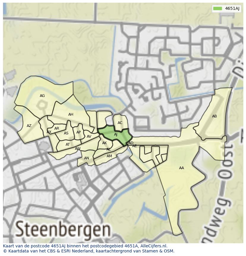 Afbeelding van het postcodegebied 4651 AJ op de kaart.