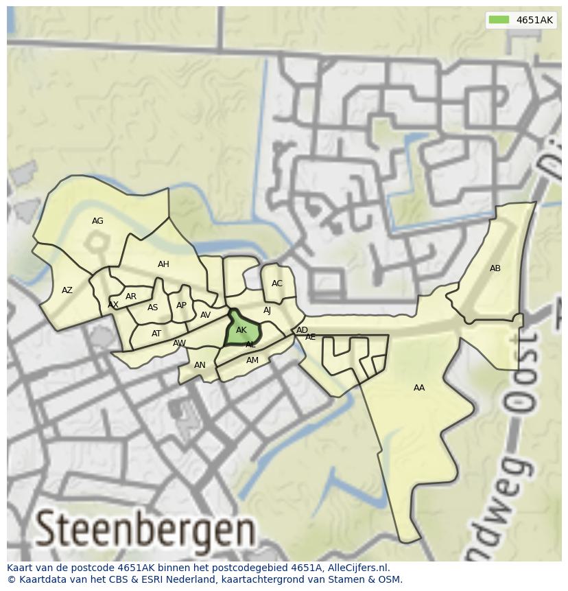 Afbeelding van het postcodegebied 4651 AK op de kaart.