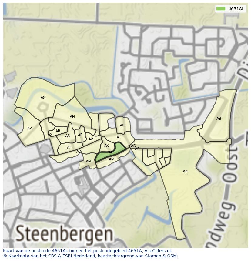 Afbeelding van het postcodegebied 4651 AL op de kaart.