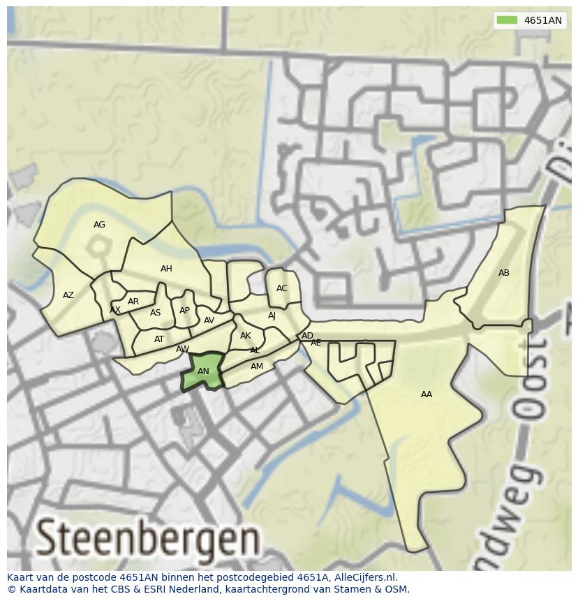 Afbeelding van het postcodegebied 4651 AN op de kaart.
