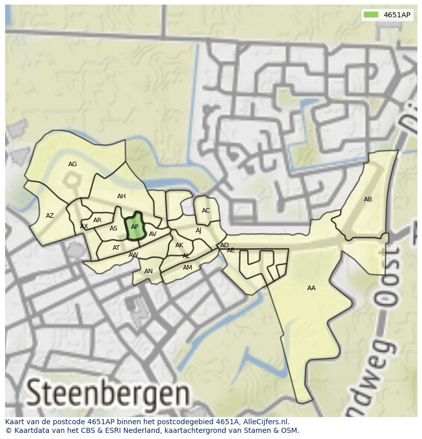 Afbeelding van het postcodegebied 4651 AP op de kaart.