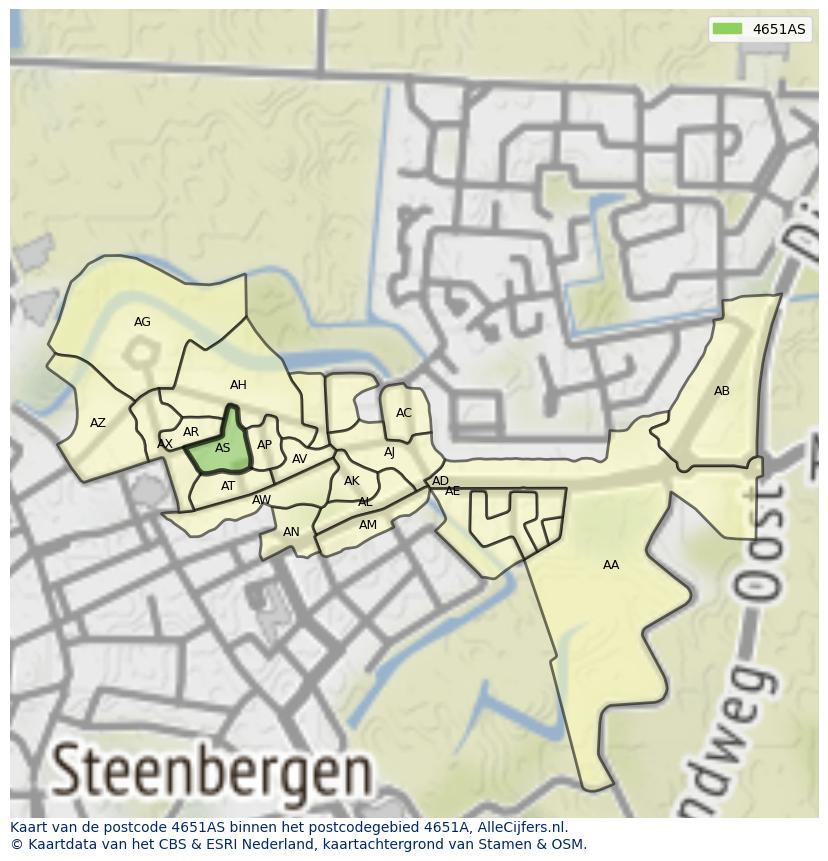 Afbeelding van het postcodegebied 4651 AS op de kaart.