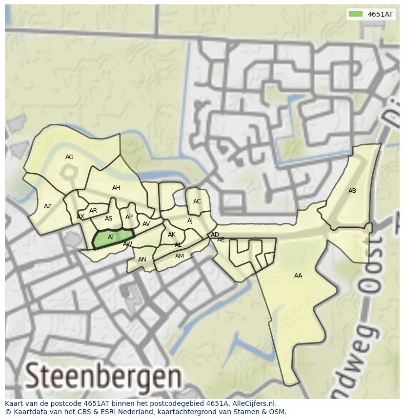 Afbeelding van het postcodegebied 4651 AT op de kaart.