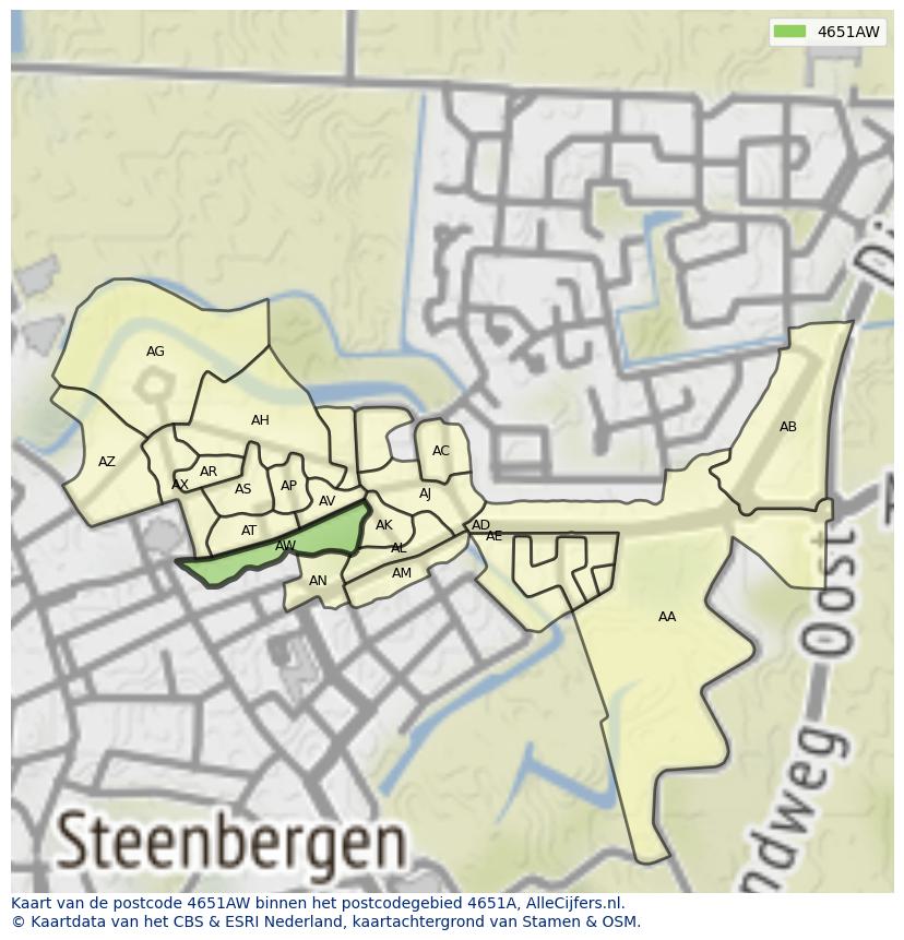 Afbeelding van het postcodegebied 4651 AW op de kaart.