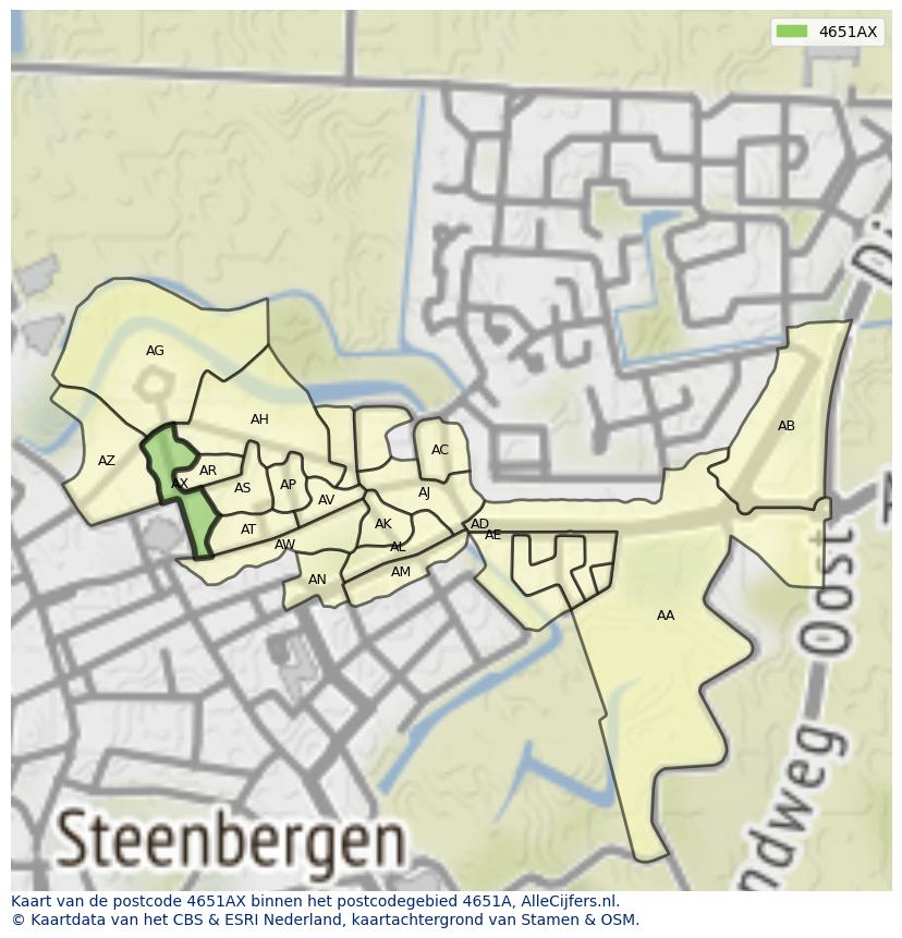 Afbeelding van het postcodegebied 4651 AX op de kaart.