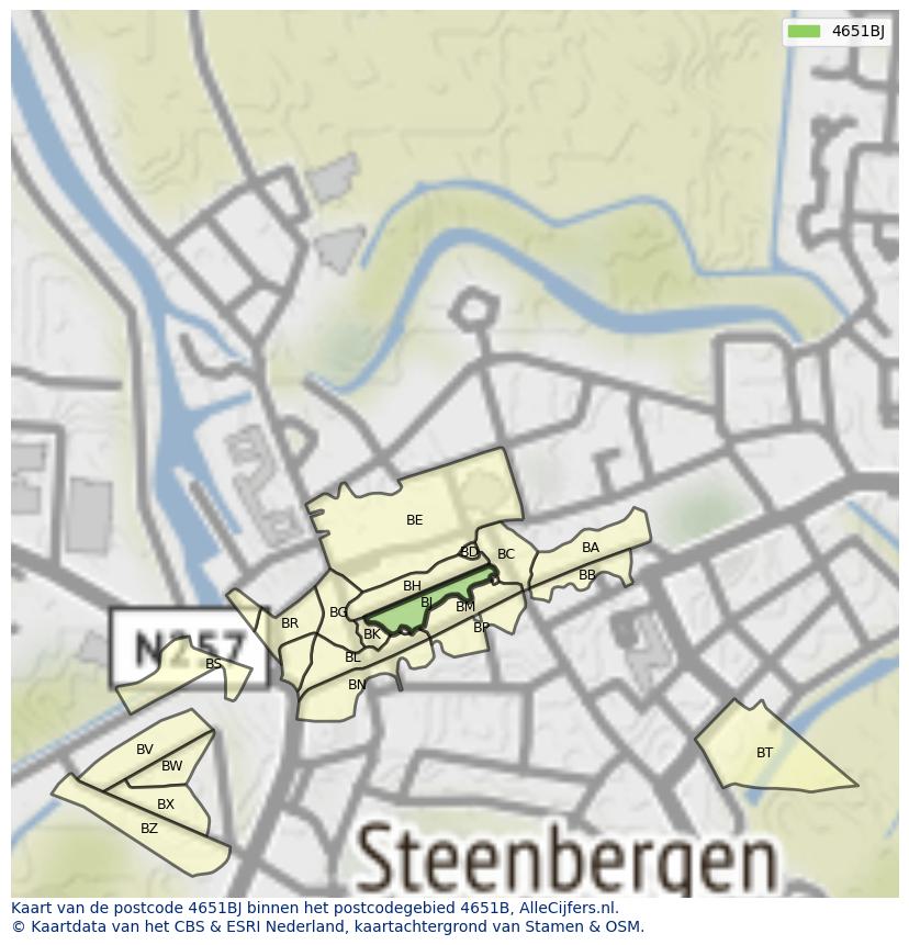 Afbeelding van het postcodegebied 4651 BJ op de kaart.