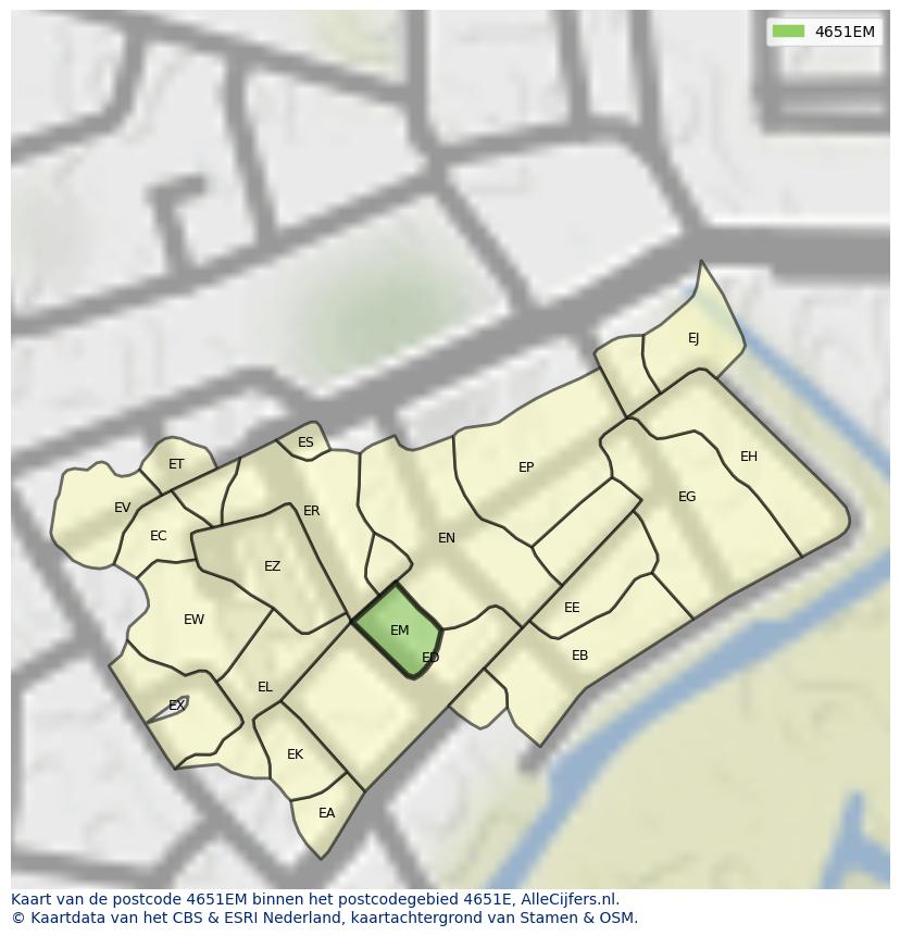 Afbeelding van het postcodegebied 4651 EM op de kaart.