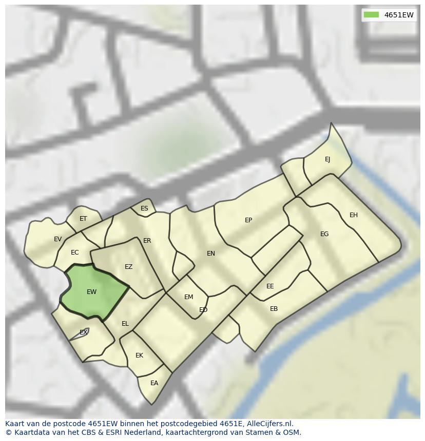 Afbeelding van het postcodegebied 4651 EW op de kaart.