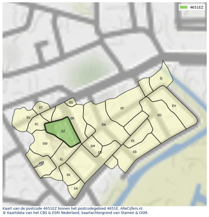 Afbeelding van het postcodegebied 4651 EZ op de kaart.