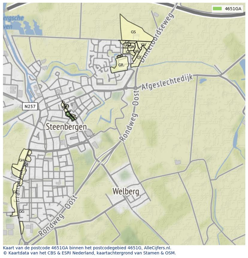 Afbeelding van het postcodegebied 4651 GA op de kaart.
