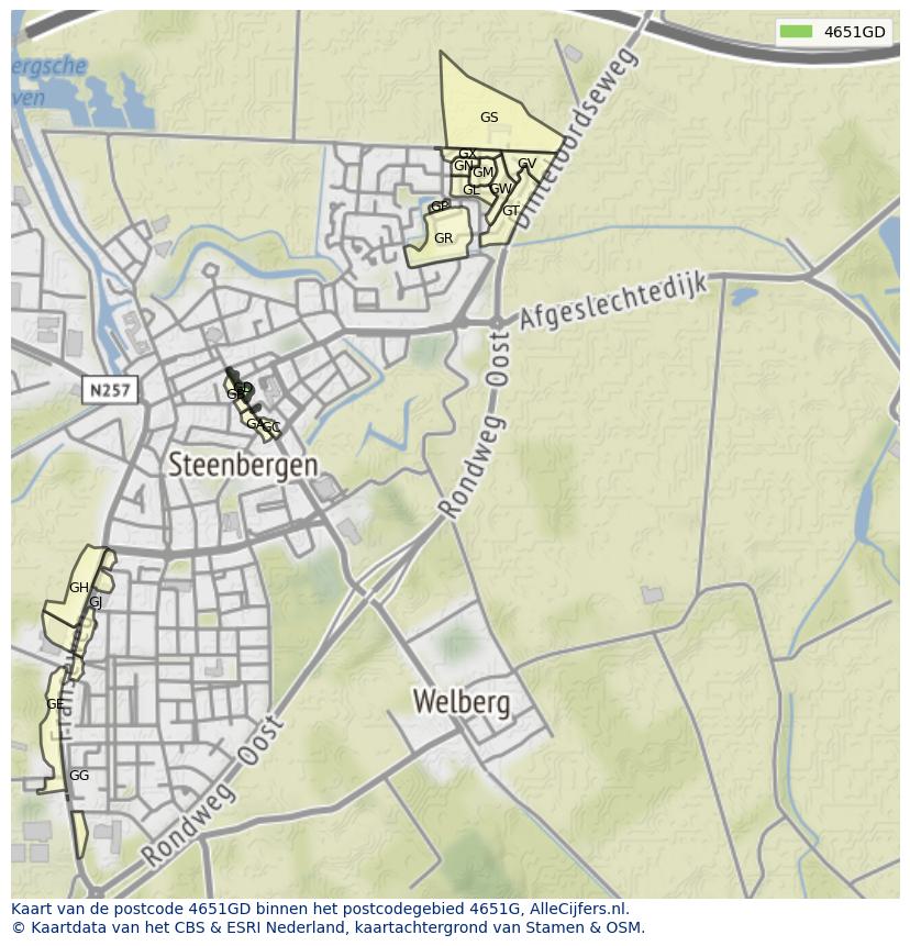 Afbeelding van het postcodegebied 4651 GD op de kaart.