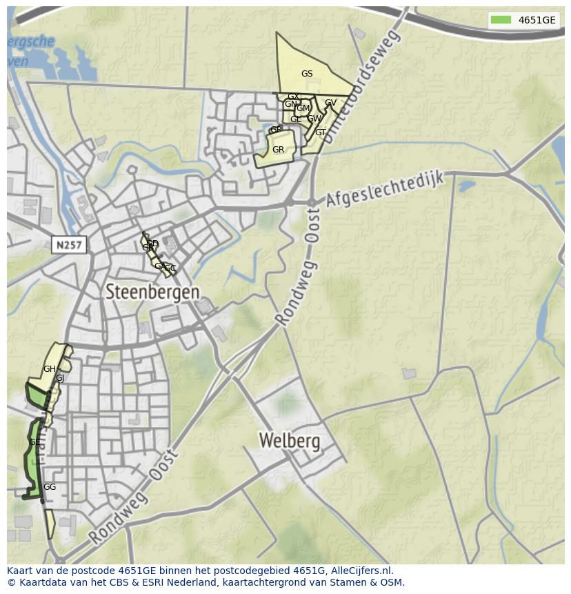 Afbeelding van het postcodegebied 4651 GE op de kaart.