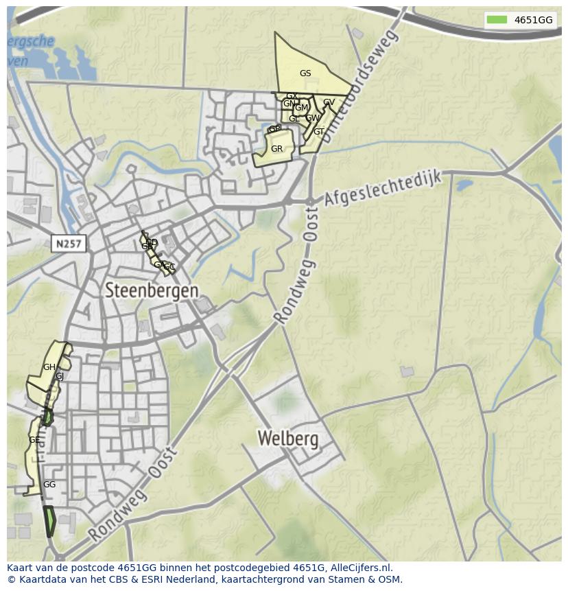 Afbeelding van het postcodegebied 4651 GG op de kaart.