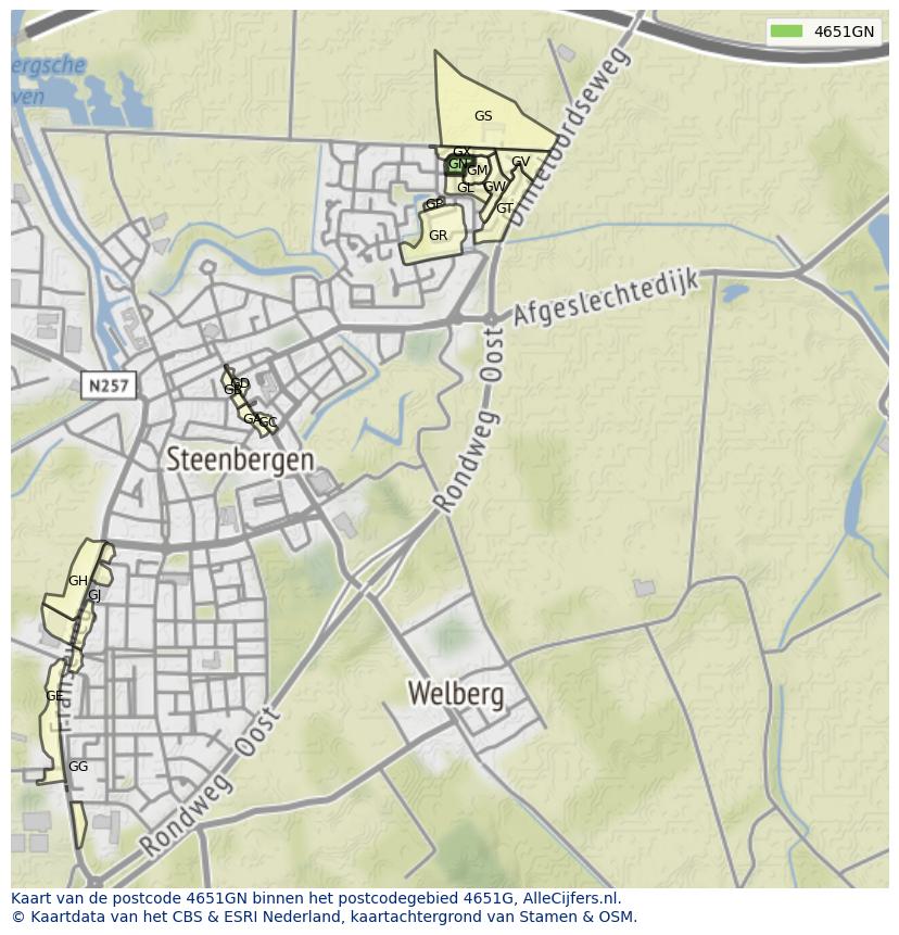 Afbeelding van het postcodegebied 4651 GN op de kaart.