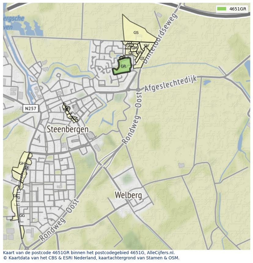 Afbeelding van het postcodegebied 4651 GR op de kaart.