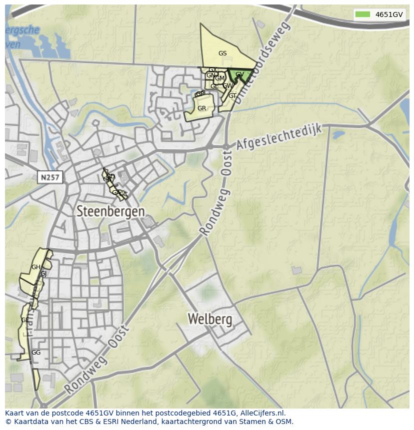 Afbeelding van het postcodegebied 4651 GV op de kaart.