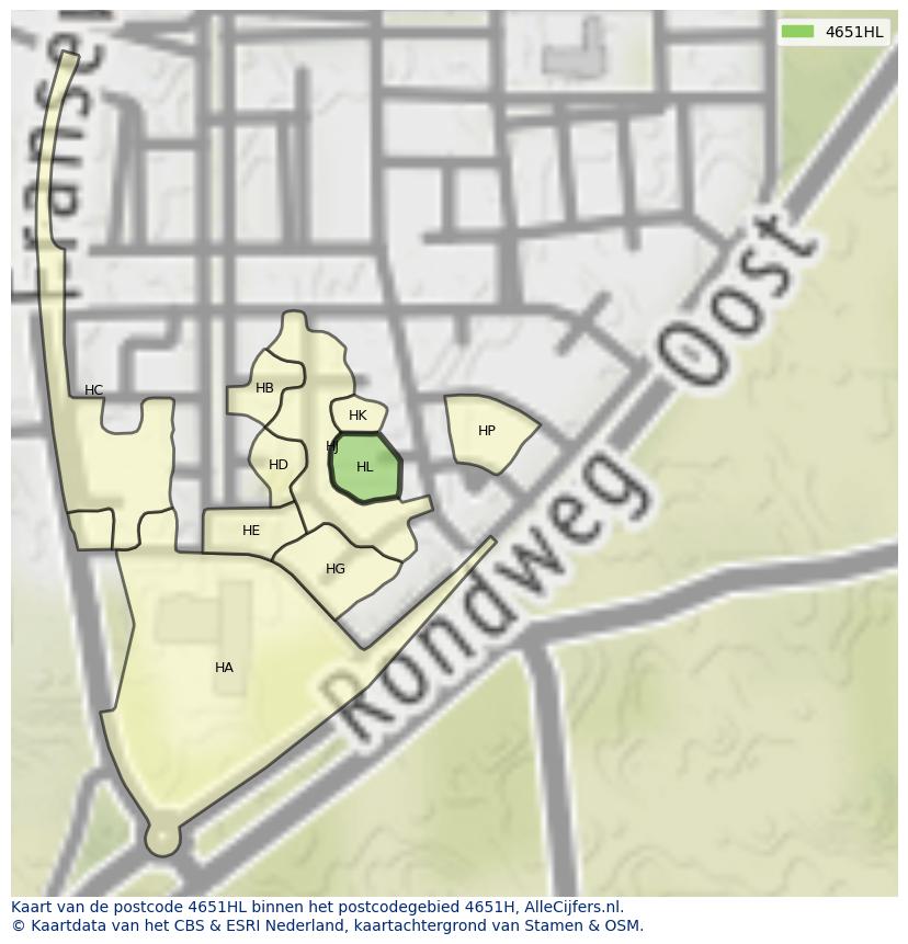 Afbeelding van het postcodegebied 4651 HL op de kaart.