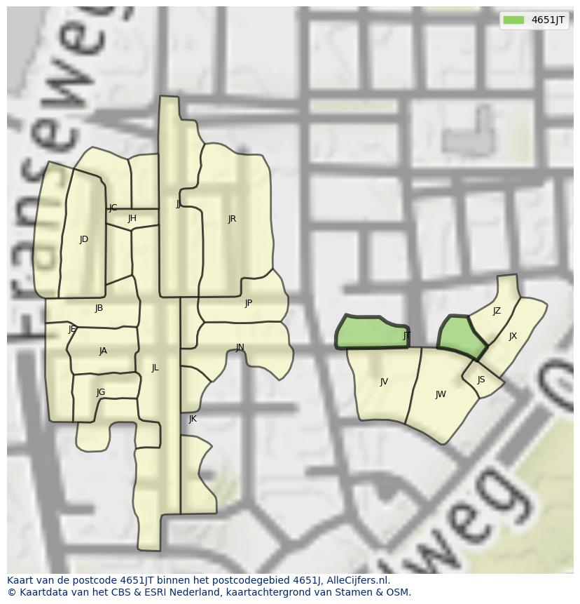Afbeelding van het postcodegebied 4651 JT op de kaart.