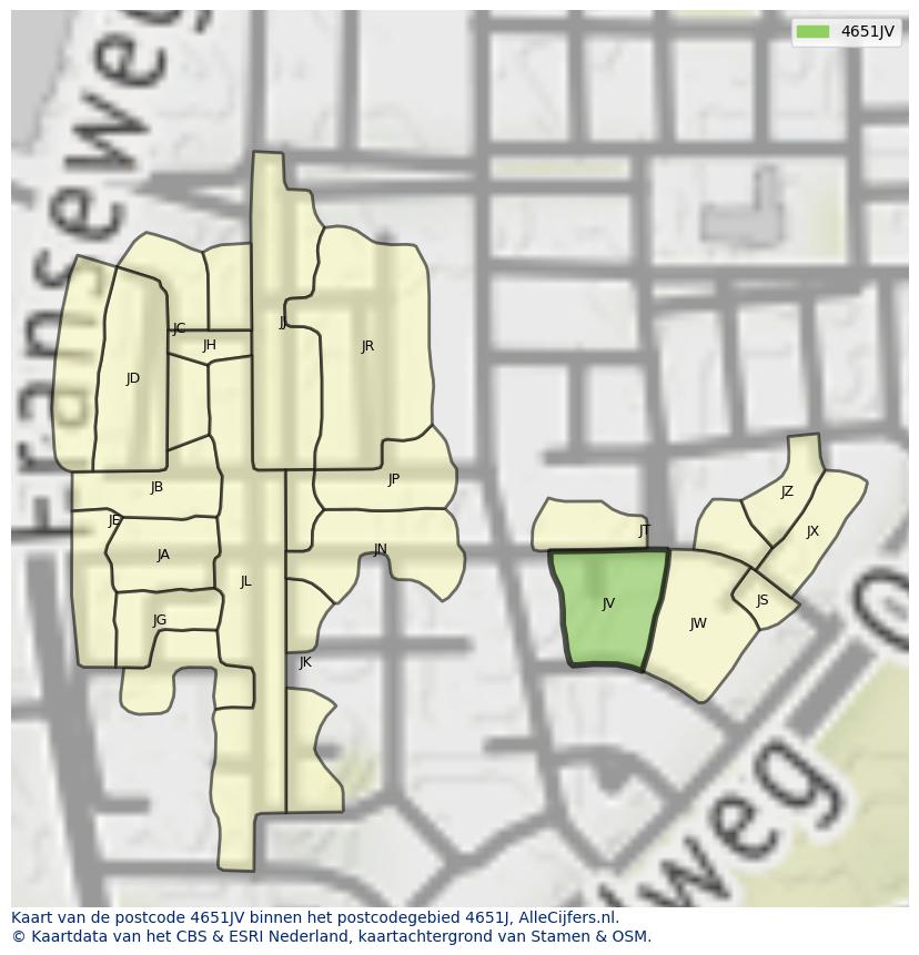 Afbeelding van het postcodegebied 4651 JV op de kaart.