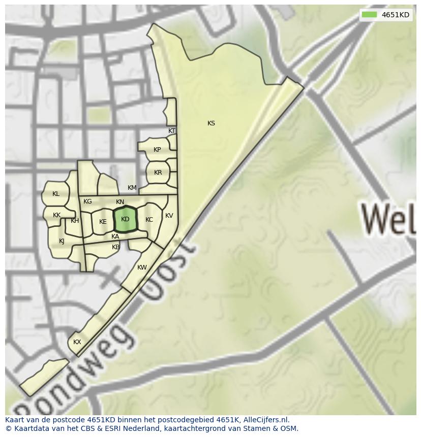 Afbeelding van het postcodegebied 4651 KD op de kaart.