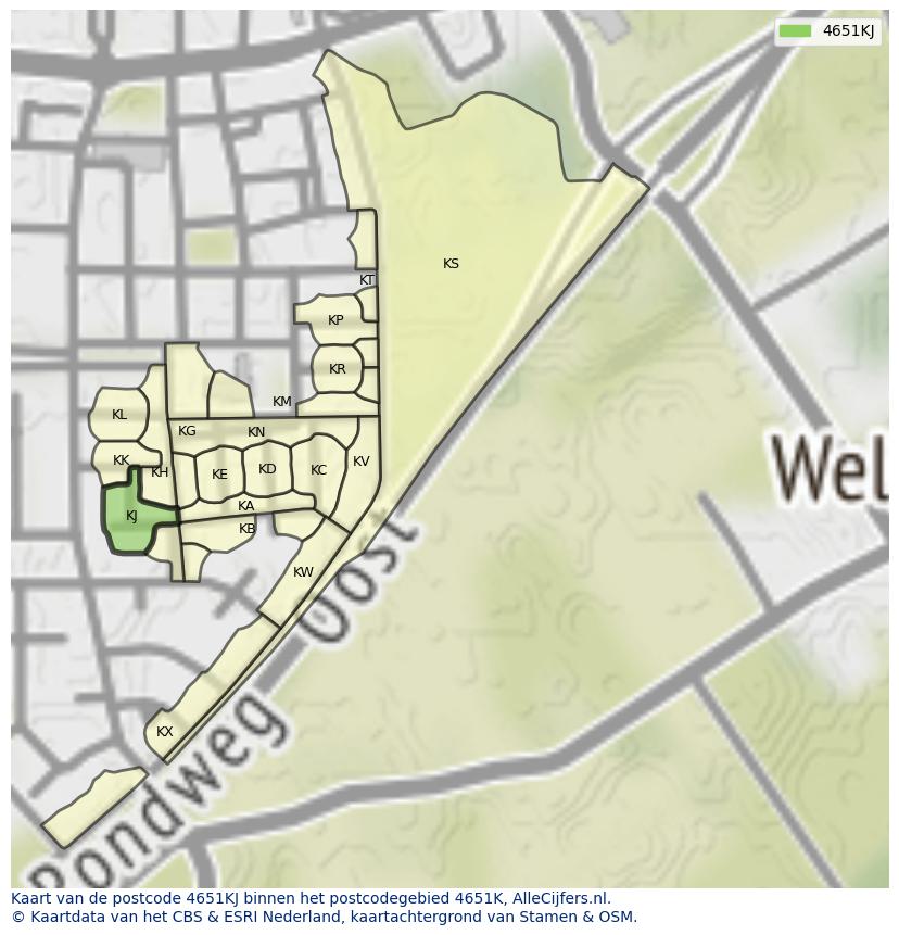 Afbeelding van het postcodegebied 4651 KJ op de kaart.