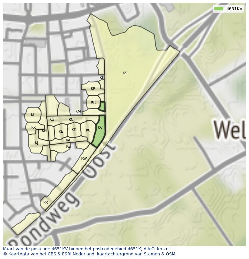 Afbeelding van het postcodegebied 4651 KV op de kaart.