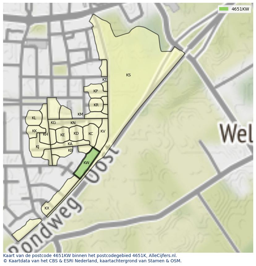 Afbeelding van het postcodegebied 4651 KW op de kaart.