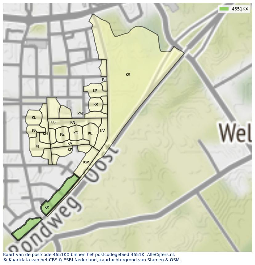 Afbeelding van het postcodegebied 4651 KX op de kaart.