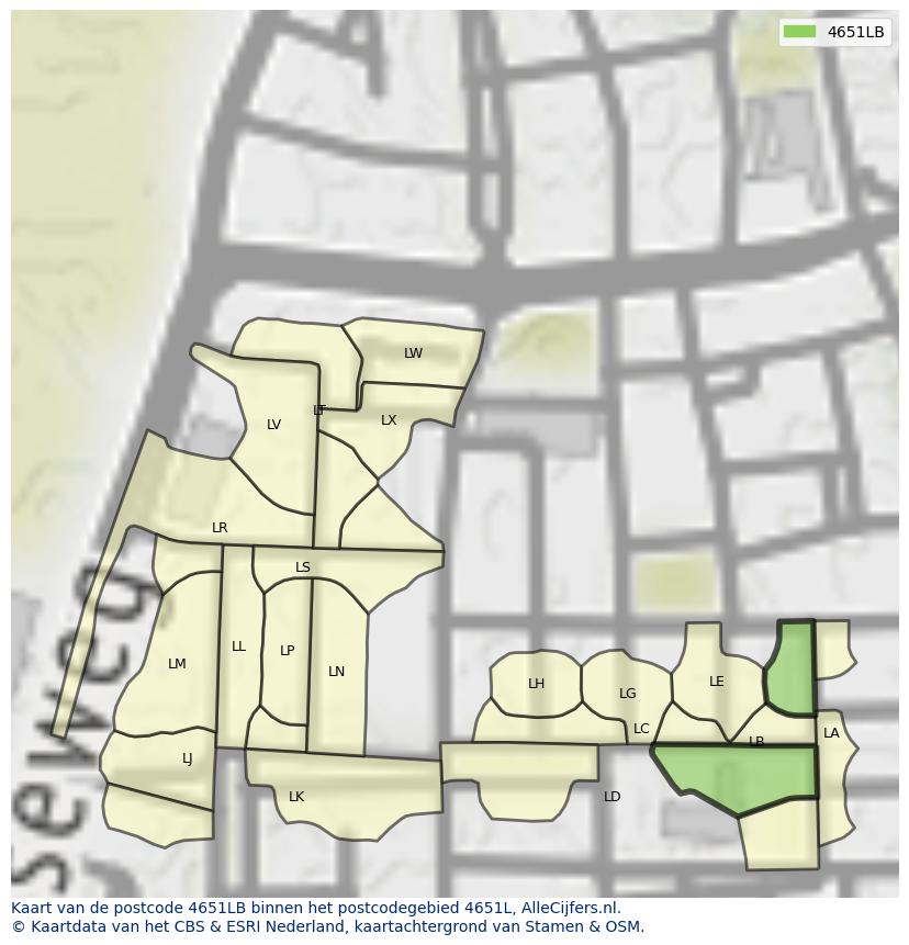 Afbeelding van het postcodegebied 4651 LB op de kaart.
