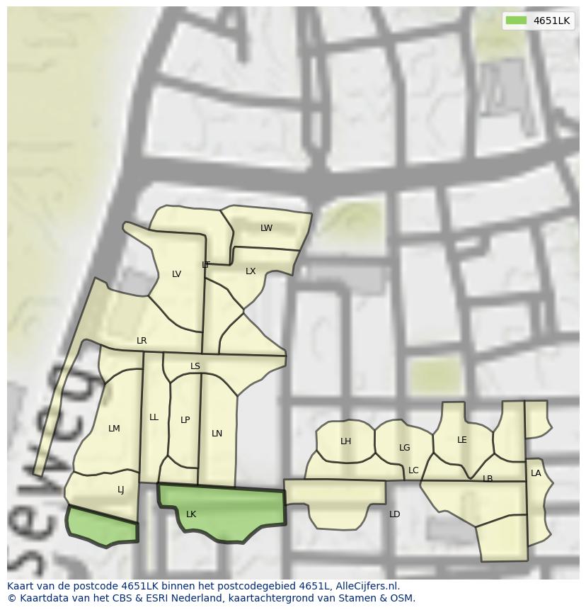 Afbeelding van het postcodegebied 4651 LK op de kaart.