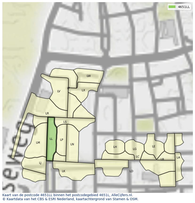 Afbeelding van het postcodegebied 4651 LL op de kaart.