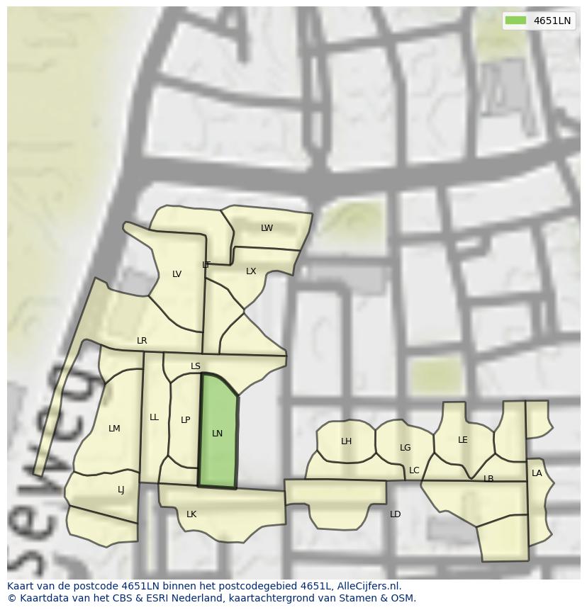 Afbeelding van het postcodegebied 4651 LN op de kaart.