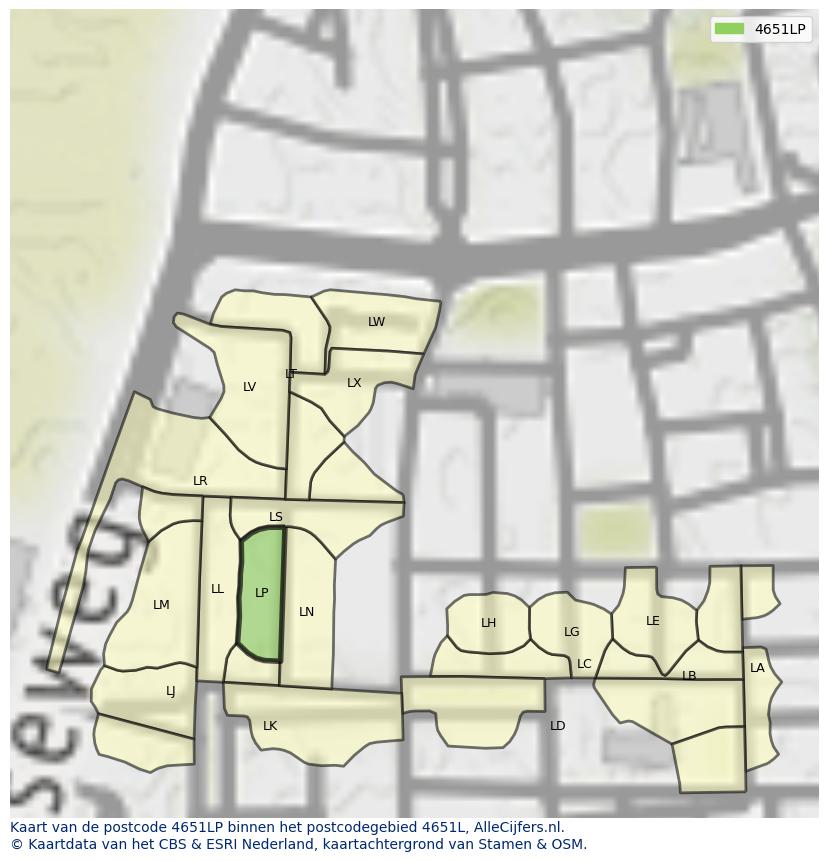 Afbeelding van het postcodegebied 4651 LP op de kaart.