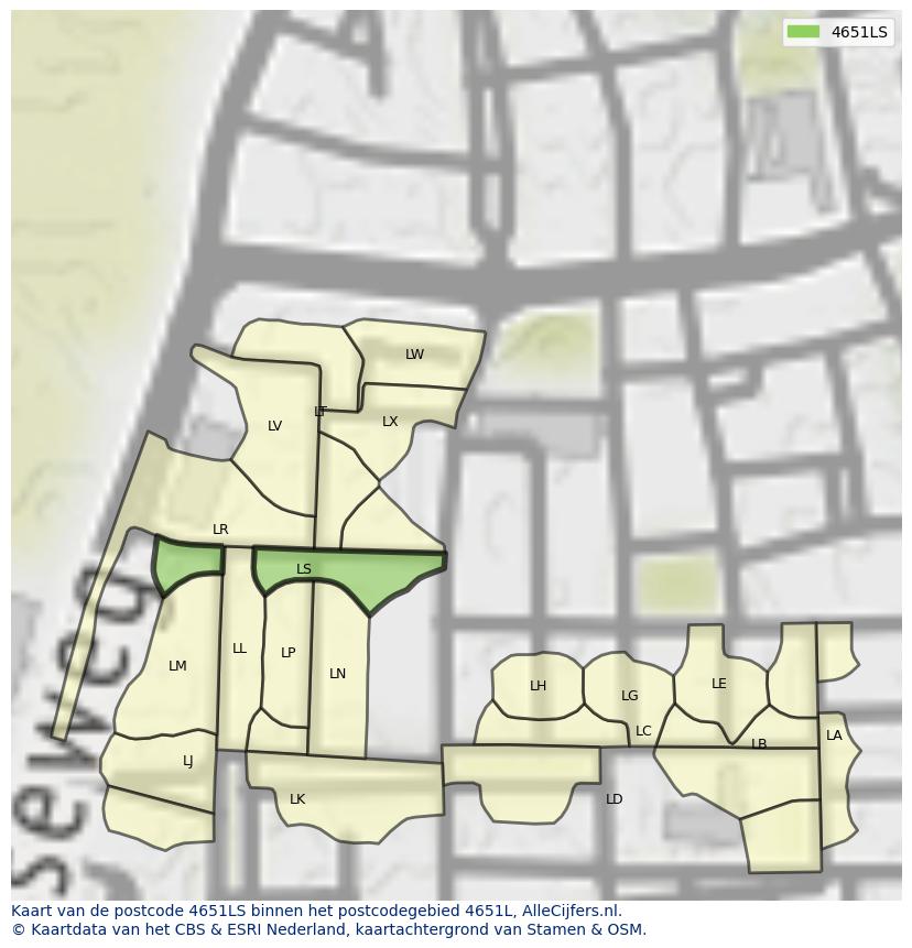 Afbeelding van het postcodegebied 4651 LS op de kaart.