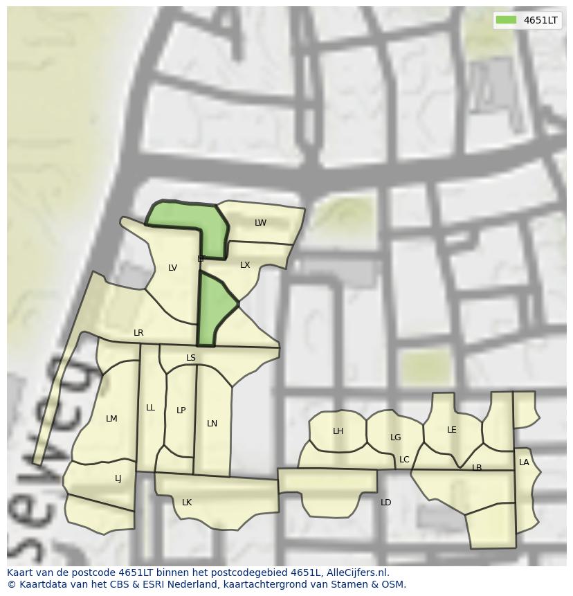 Afbeelding van het postcodegebied 4651 LT op de kaart.