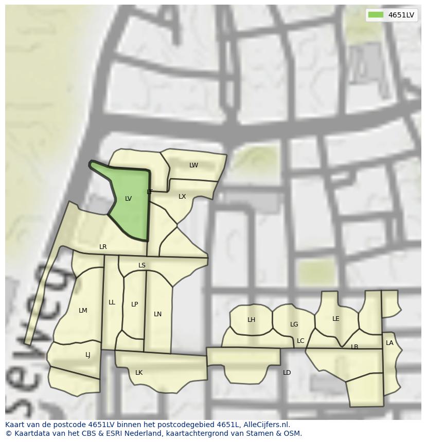 Afbeelding van het postcodegebied 4651 LV op de kaart.