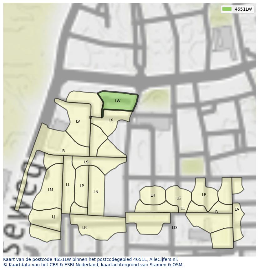 Afbeelding van het postcodegebied 4651 LW op de kaart.