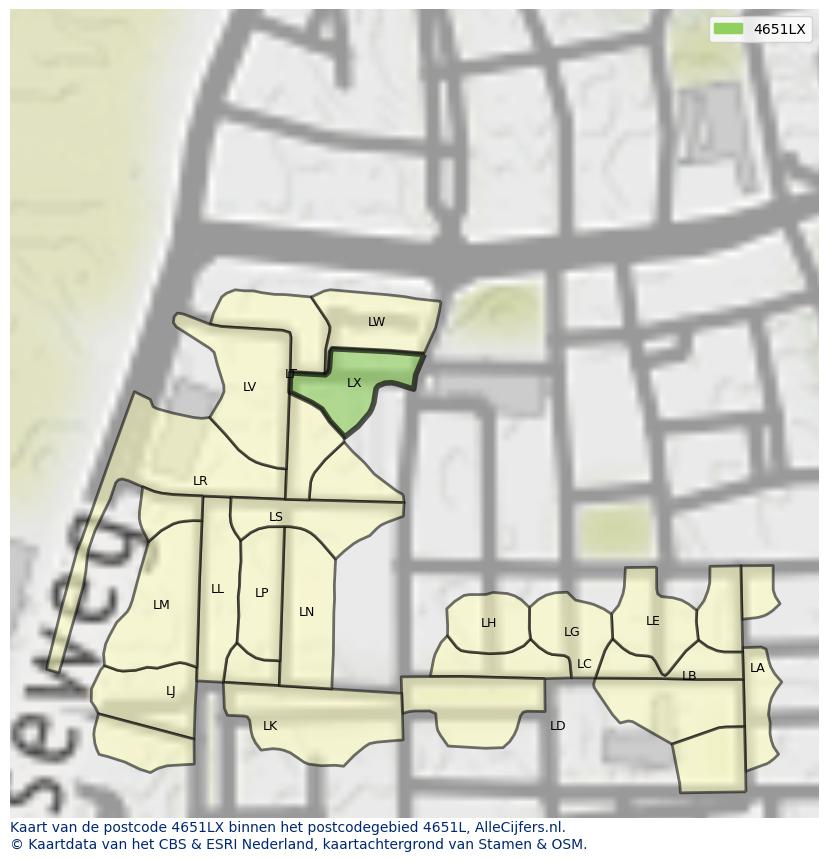 Afbeelding van het postcodegebied 4651 LX op de kaart.